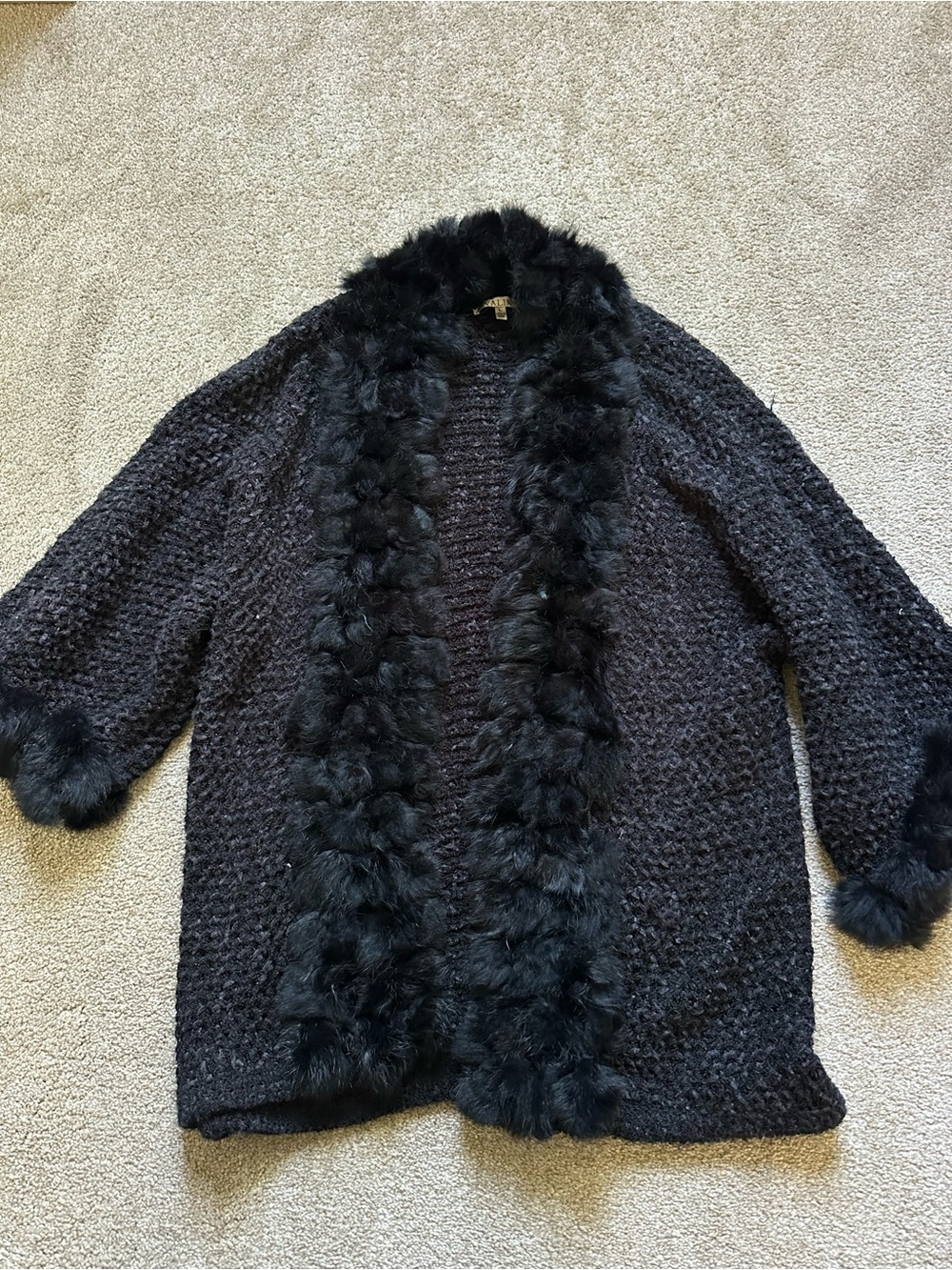 Avalin Vintage Wool Blend Black Knit Fur Trim Cuffs Jacket Cardigan